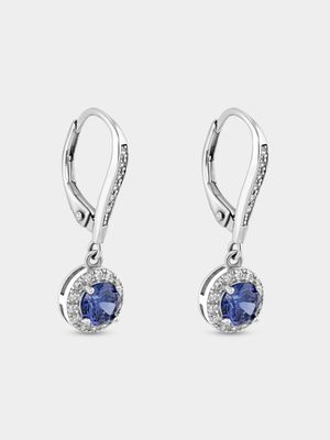 Sterling Silver Tanzanite Blue Cubic Zirconia Round Halo Drop Earrings