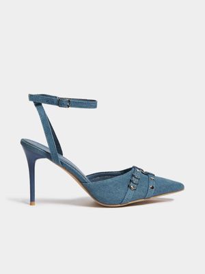 Women's Denim Buckle Ankle Strap Heel