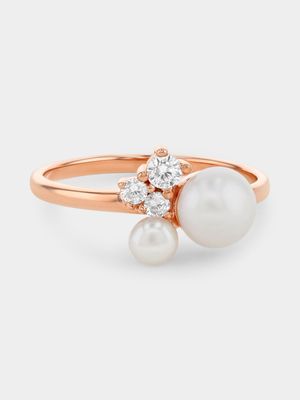 Rose Gold Plated Sterling Silver Shell Pearl & Cubic Zirconia Ring