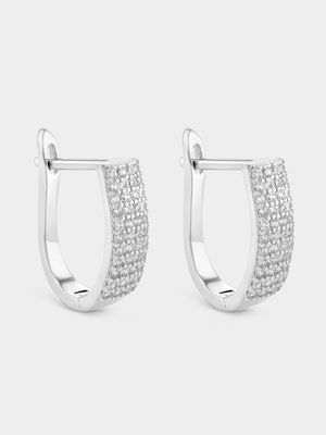 Sterling Silver Cubic Zirconia Pave Oval Hoop Earrings