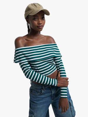 Women's Green & White Stripe Bardot Top