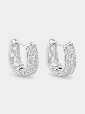 Sterling Silver Cubic Zirconia Pavé Oval Hoop Earrings