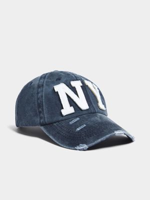 Women's Navy NY Distressed Denim Peak Cap