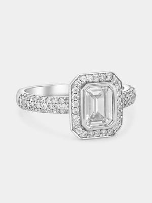 Sterling Silver Cubic Zirconia Bezel Emerald-Cut Halo Ring