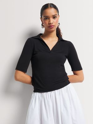 Semi Sheer Rib Johnny Collar Top