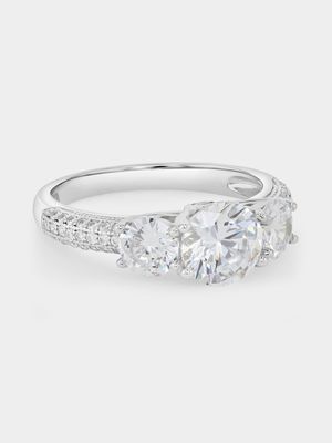 Sterling Silver Cubic Zirconia Trilogy Pavé Ring