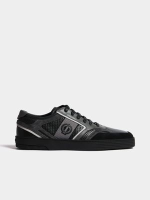 Fabiani Men's Side Stripe Black Leather Court Sneakers