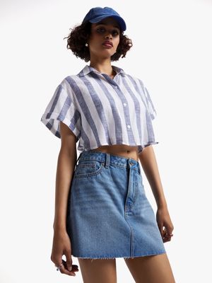 Women's Blue & White Cropped Shirt