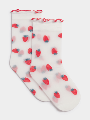 Women's White Strawberry Sheer Socks