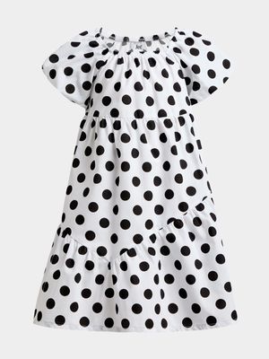 Jet Younger Girls White/Black Spotted Puff Sleeve Dress