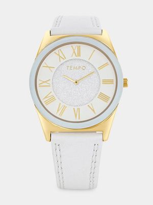 Tempo Women’s Gold Plated White Leather Watch