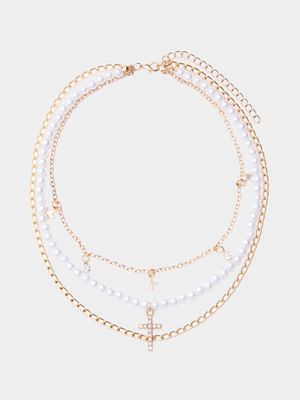 Women's 3 Layered Gold Pearl Cross & Star chain