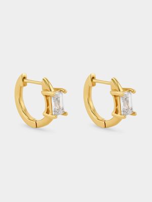 Gold Plated Sterling Silver Cubic Zirconia Baguette Huggie Earrings