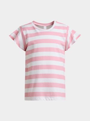 Older  Girl's Pink Striped Flutter Sleeve T-Shirt