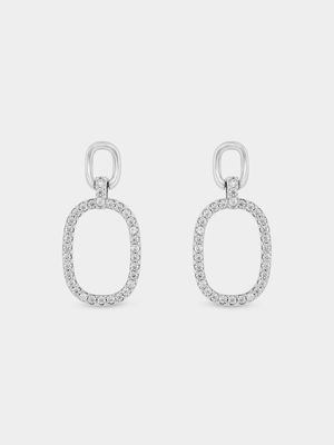 Sterling Silver Cubic Zirconia Double Oval Link Drop Earrings