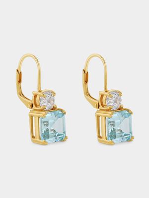 Gold Plated Sterling Silver Blue Cubic Zirconia Cushion Drop Earrings