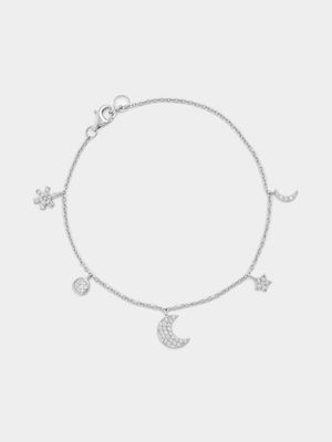 Sterling Silver Cubic Zirconia Star & Moon Charm Bracelet