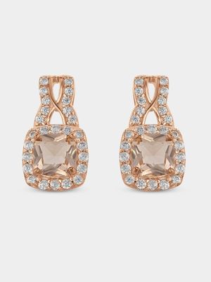 Sterling Silver Rose Gold Plated Morganite Peach Cubic Zirconia Cushion Stud Earrings