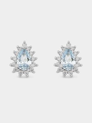 Sterling Silver Aquamarine Cubic Zirconia Pear Halo Stud Earrings