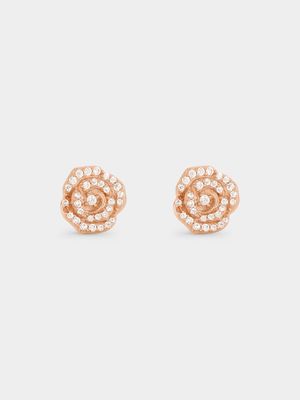 Rose Plated Sterling Silver Cubic Zirconia Rose Stud Earrings