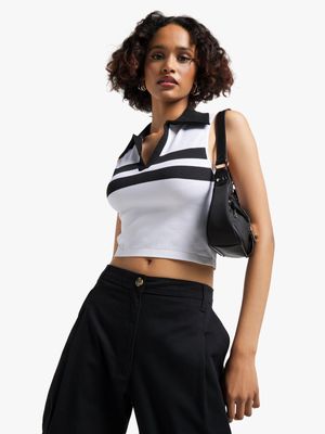 Women's Black & White Stripe Johnny Collar Top