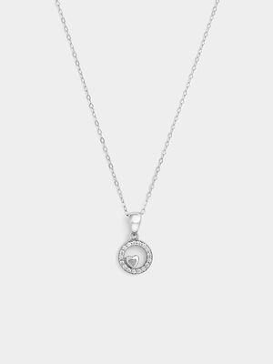 Sterling Silver Cubic Zirconia Heart In Circle Pendant