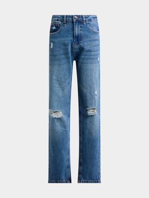 Jet Teen Boys Mid Wash Ripped Knee Straight Leg Jeans