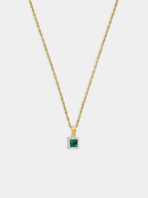 Yellow Gold & Sterling Silver Green Cubic Zirconia Square Halo Pendant on chain.