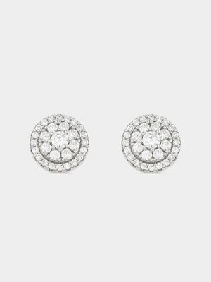 Sterling Silver Cubic Zirconia Oval Cluster Halo Stud Earrings