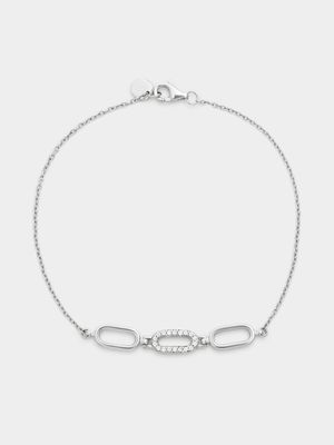 Sterling Silver Cubic Zirconia Triple Oval Link Bracelet