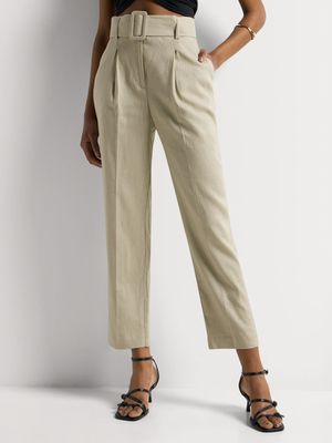 Belted Linen Blend Tapered Leg Pants