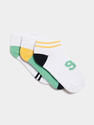 Boy's White & Green 3-Pack Trainer Socks