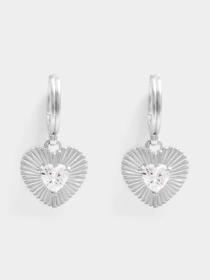 Rhodium Plated Sunburst CZ Heart Huggies