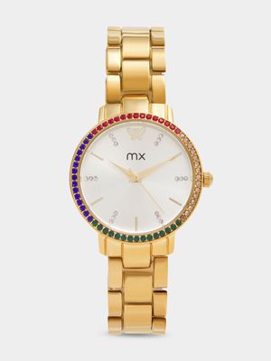 MX Gold Plated Champagne Dial Rainbow Crystal Bracelet Watch