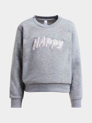 Younger Girl's Grey Melange Graphic Print Sweat Top