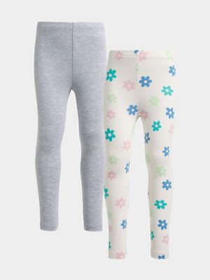 Younger Girl's Grey & White Daisy Print 2-Pack Leggings