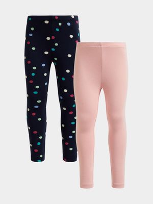 Older Girl's Pink & Navy Spot 2-Pack Leggings