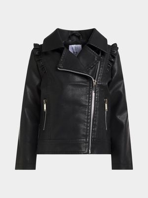 Younger Girl's Black Ruffle Sleeve Biker Jacket