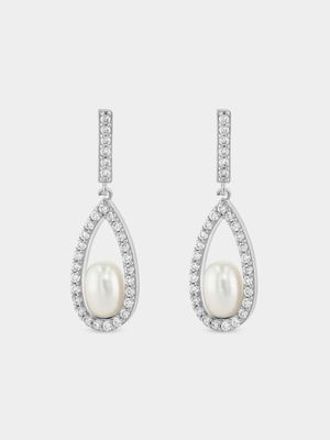 Sterling Silver Freshwater Pearl Open Tear Drop Earrings