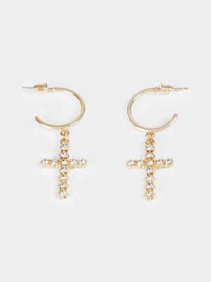 Women's Gold Mini Cross Hoop Earrings