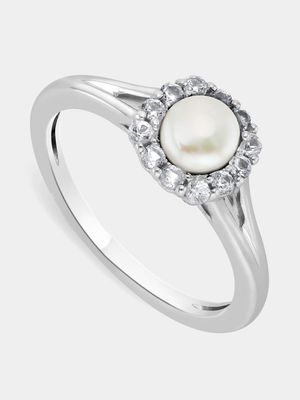 Sterling Silver Diamond & Freshwater Pearl Cushion Halo Ring