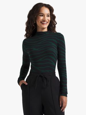 Women's Green Animal Print Turtleneck Top