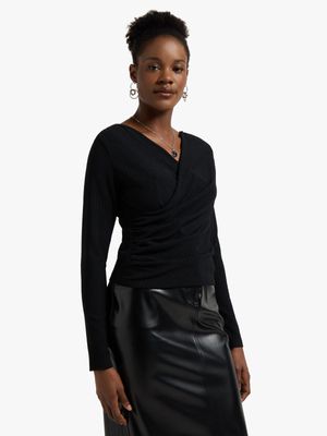 Women's Black Textured Wrap Top