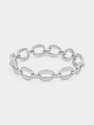 Sterling Silver Cubic Zirconia Pave Oval Link Bracelet