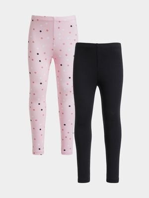 Older Girl's Black & Pink Spot 2-Pack Leggings