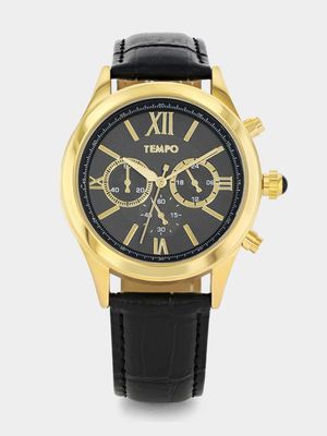 Tempo Men’s Gold Plated Black Leather Watch