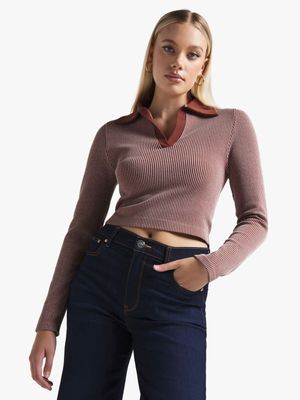 Women's Brown Seamless Johnny Collar Top