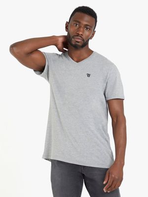 Men's Relay Jeans Branded V-Neck Slim Fit Basic Grey T-Shirt