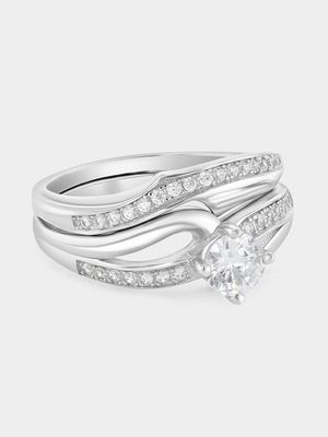 Sterling Silver Cubic Zirconia Solitaire Wave Twinset Ring