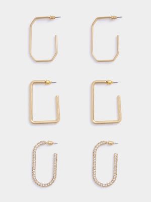 3 Pack Rectangular Hoop Earrings